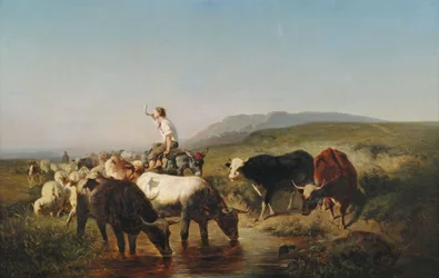 Cattle and Sheep Herd with Boy Riding a Donkey in a Vast Landscape
